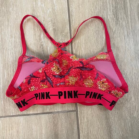 Victoria’s Secret PINK Date Push-Up Bra Floral Lace Underwire Racerback 32C Red - Picture 2 of 11